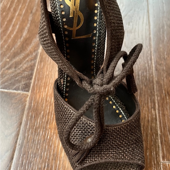 YVES SAINT LAURENT CANVAS WEDGE SANDALS BROWN 38 - Picture 8 of 12